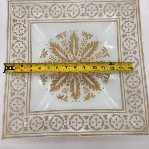 Vtg MCM square Ceiling Light Fixture Cover White Glass Gold Shade 16" 50s 60s EC - Picture 3 of 16